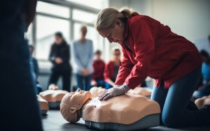 This blog explains why BLS certification in Kansas City classes are better in person. Image of a woman practicing on a dummy.